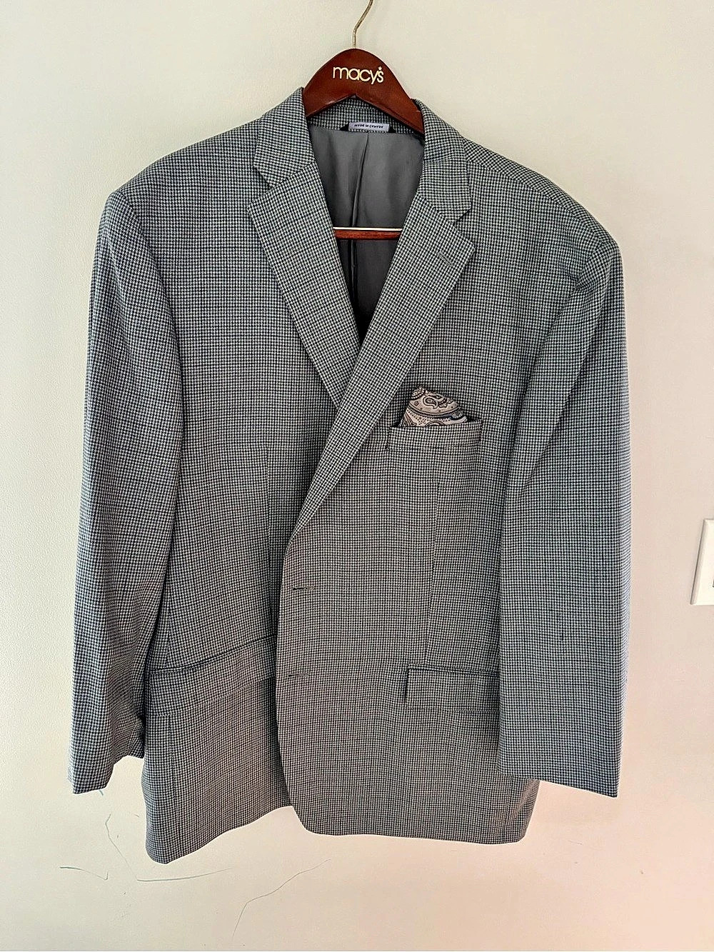 Ralph Lauren Men's 52L Blue Gray Houndstooth Silk Wool Sport Coat